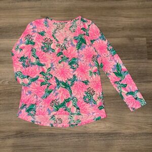 Lilly Pulitzer Pink Floral Long Sleeve V Neck Top Pima Cotton Women's Small